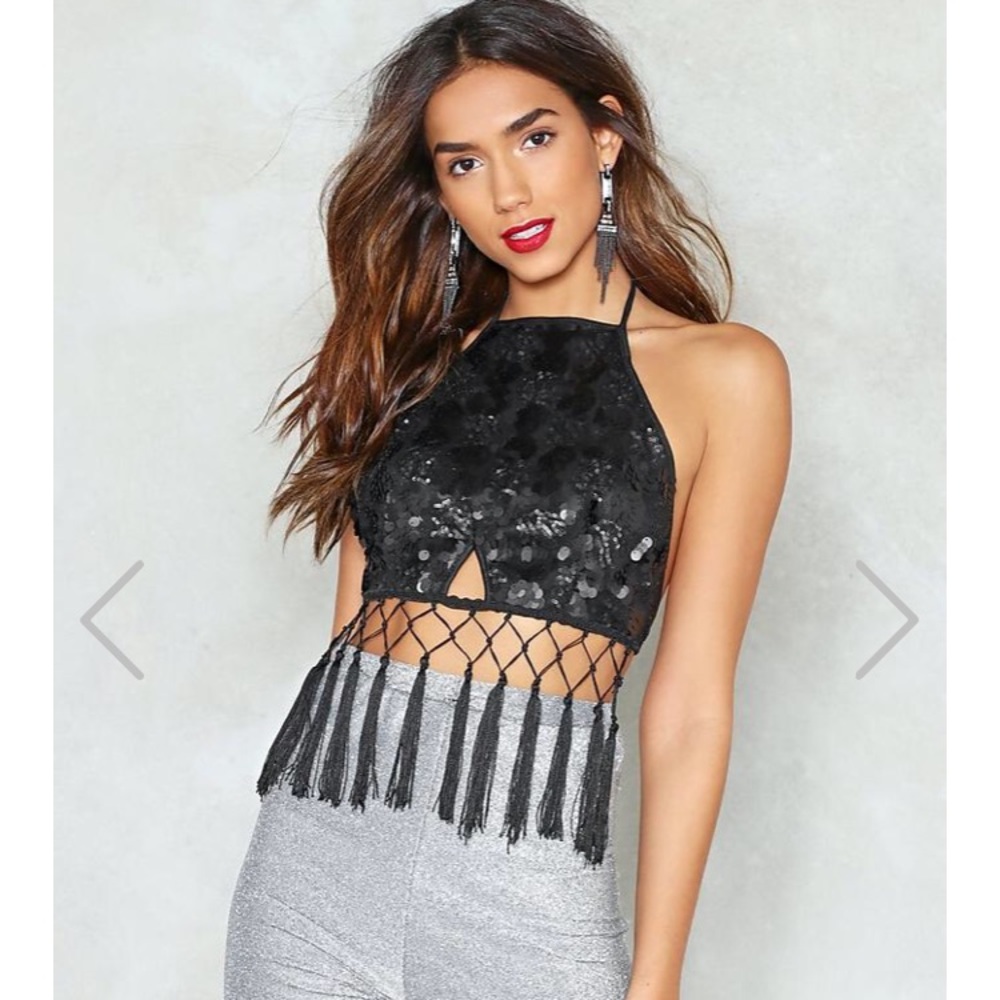 Black sequined halter top